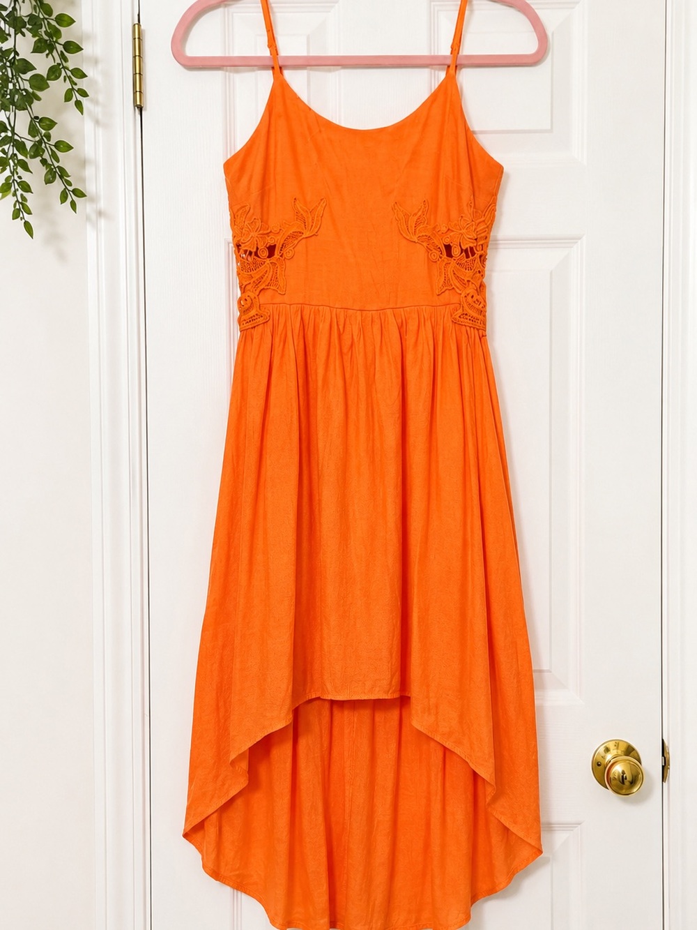 Maurices Orange High Low Dress Crochet Lace Spaghetti Strap Size 3/4